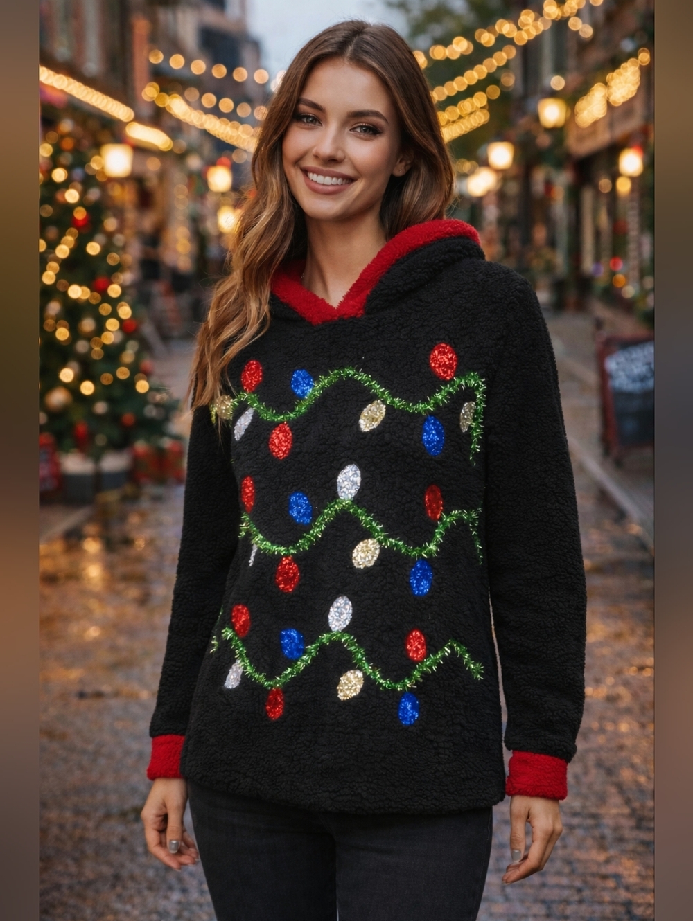 Cozy “Celebrate Together” Christmas Lights Hoodie – Size LargeUgly Sweater